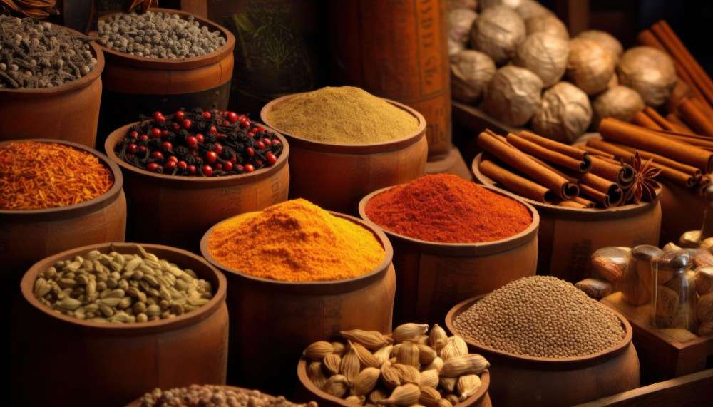 Aromatic Indian spices arranged in the warehouse of iSpice, Double Seven Productions